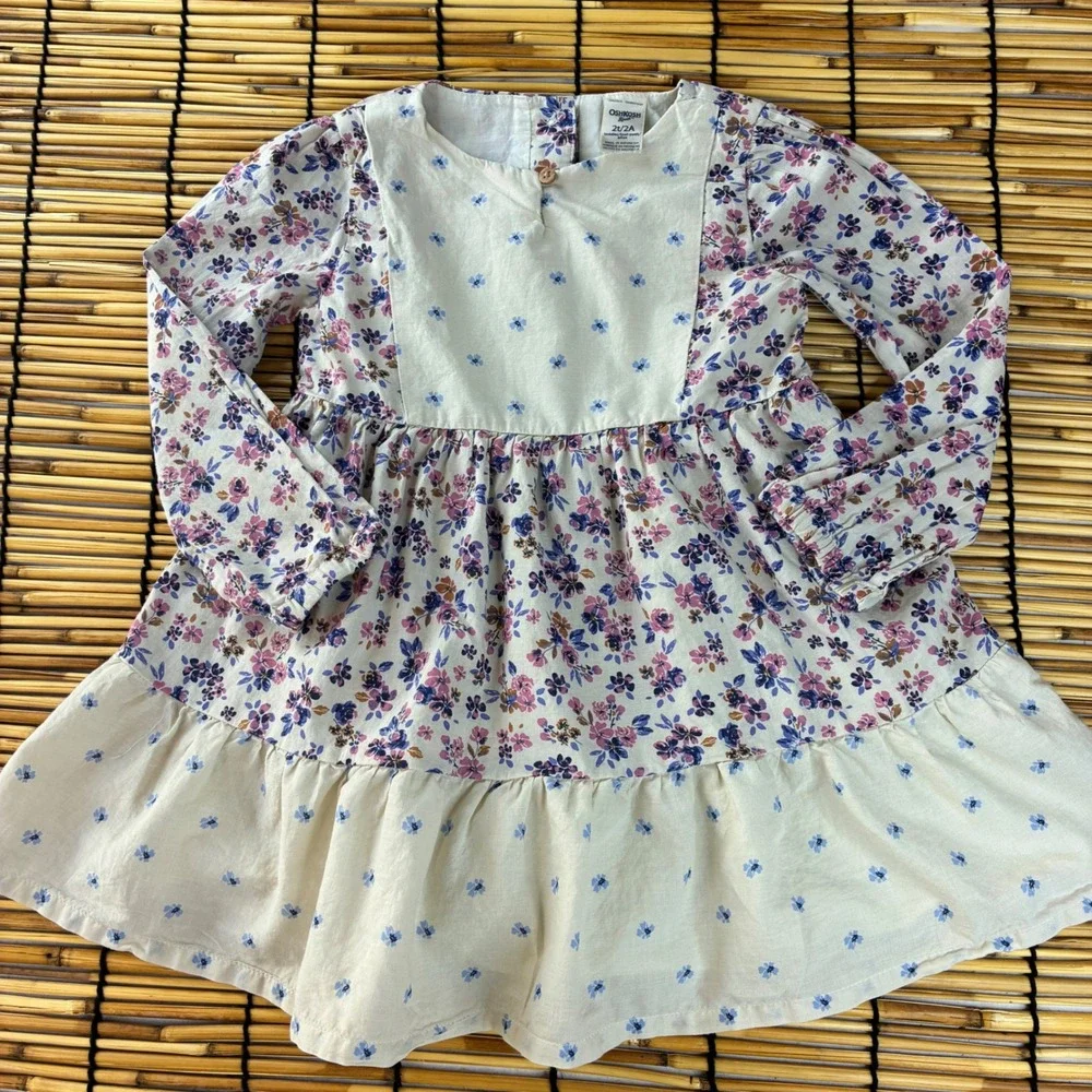 OshKosh Bgosh Girls 2T Floral Tiered Long Sleeve Cotton Dress Purple Cream